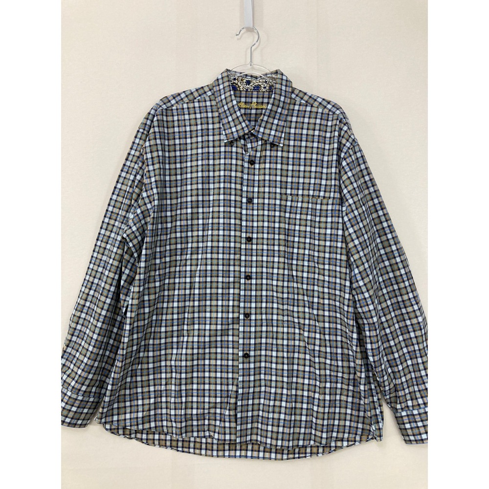 Alan Flusser Button Down Shirt XXL Blue Plaid Cotton Long Sleeve Casual Preppy
